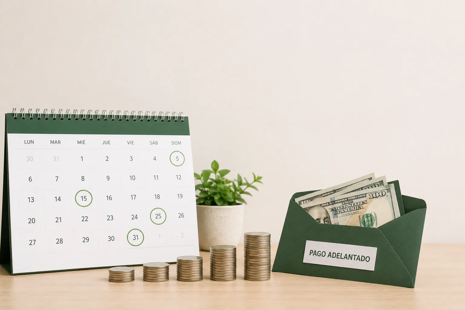 Calendario con fechas marcadas y monedas apiladas representando el anticipo del impuesto a la renta en Ecuador
