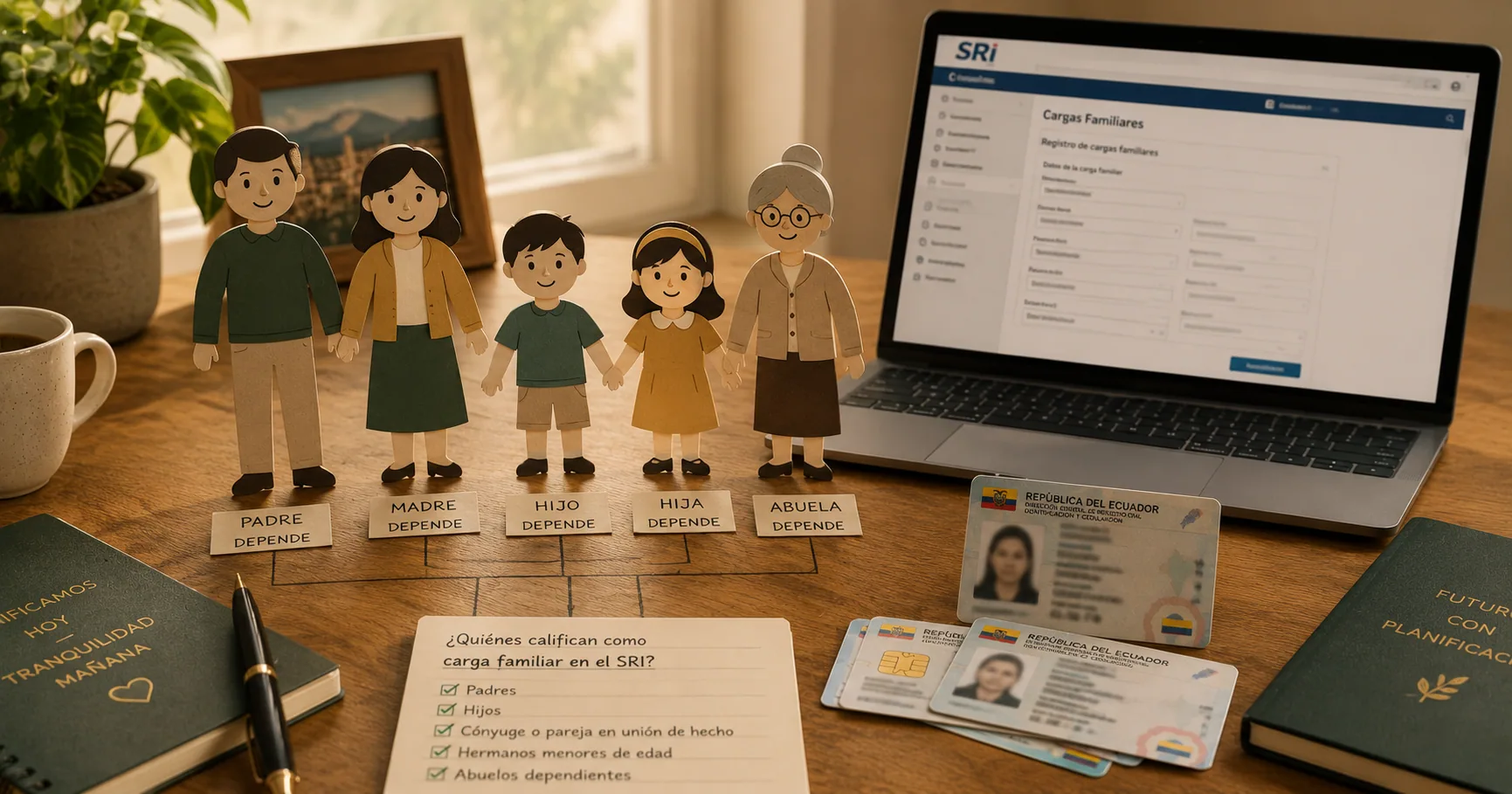 Diagrama familiar con figuras de padres, cónyuge e hijos conectados a un símbolo de árbol genealógico junto a un documento del SRI con la palabra cargas familiares
