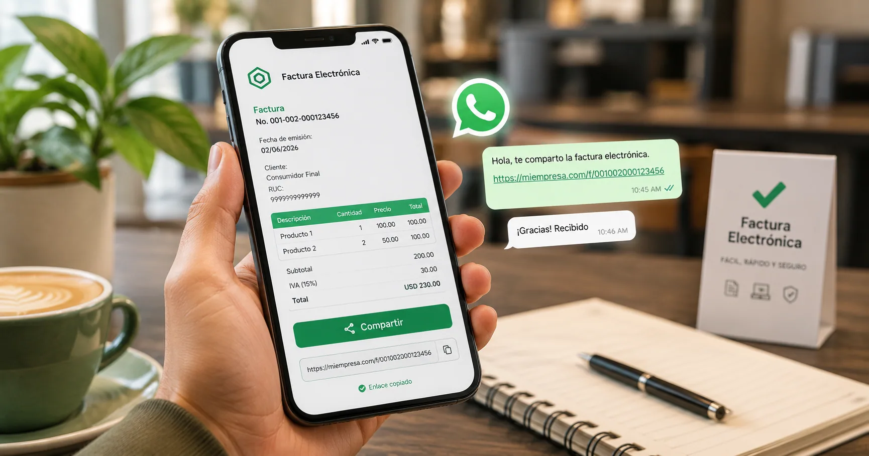 Mano sosteniendo un celular que muestra una factura electrónica abierta desde un link, con el icono de WhatsApp y un botón Compartir junto a una taza de café