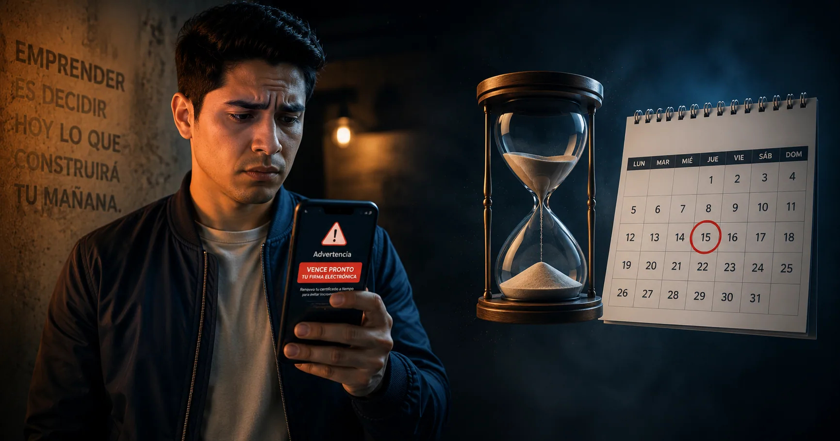 Profesional ecuatoriana mirando preocupada un calendario donde marca con rojo la fecha de vencimiento de su firma electrónica con un reloj de arena al lado