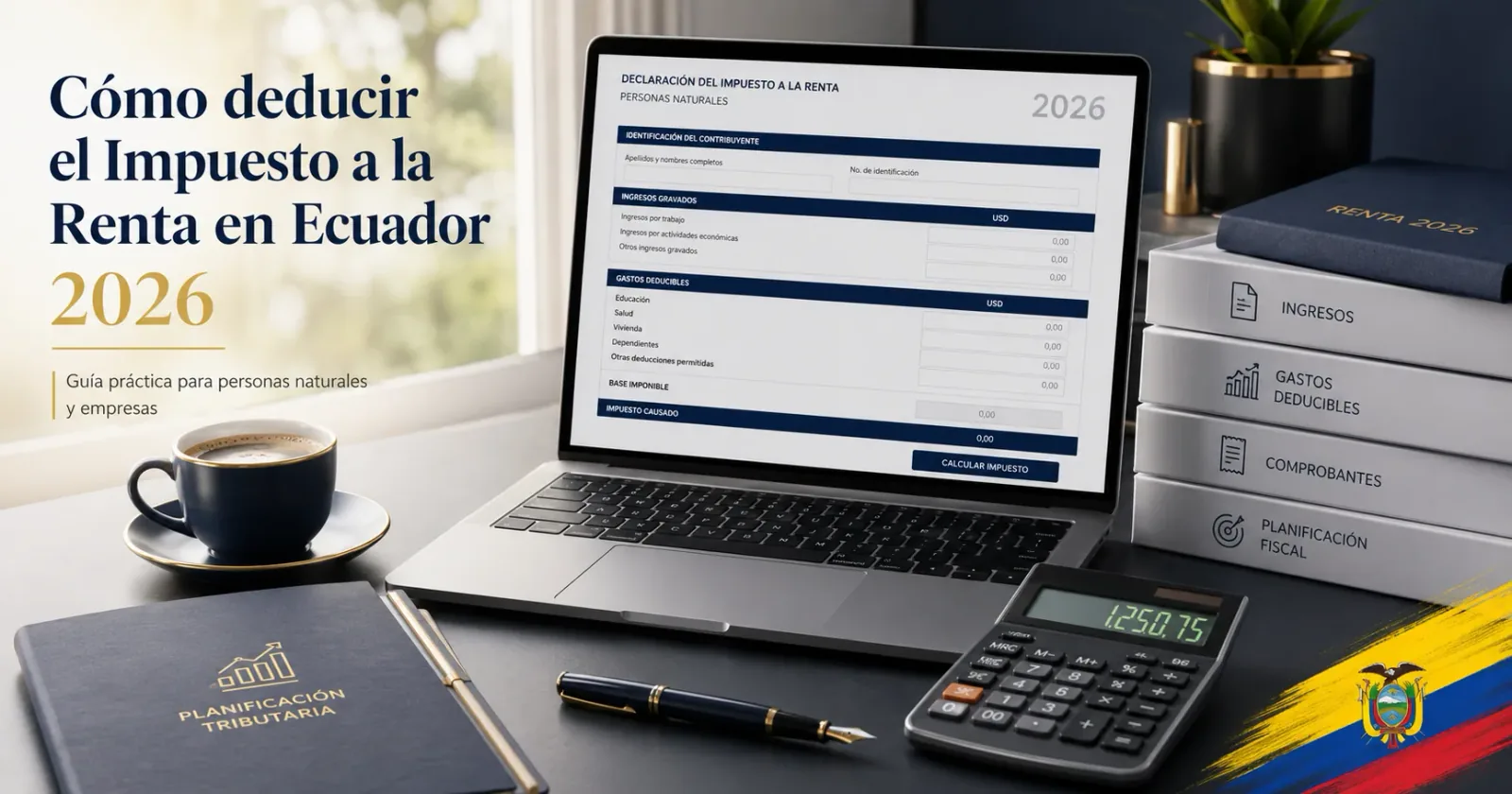 Escritorio ordenado con una calculadora, un formulario del SRI y un computador portátil mostrando una hoja con el cálculo del impuesto a la renta 2026 en Ecuador