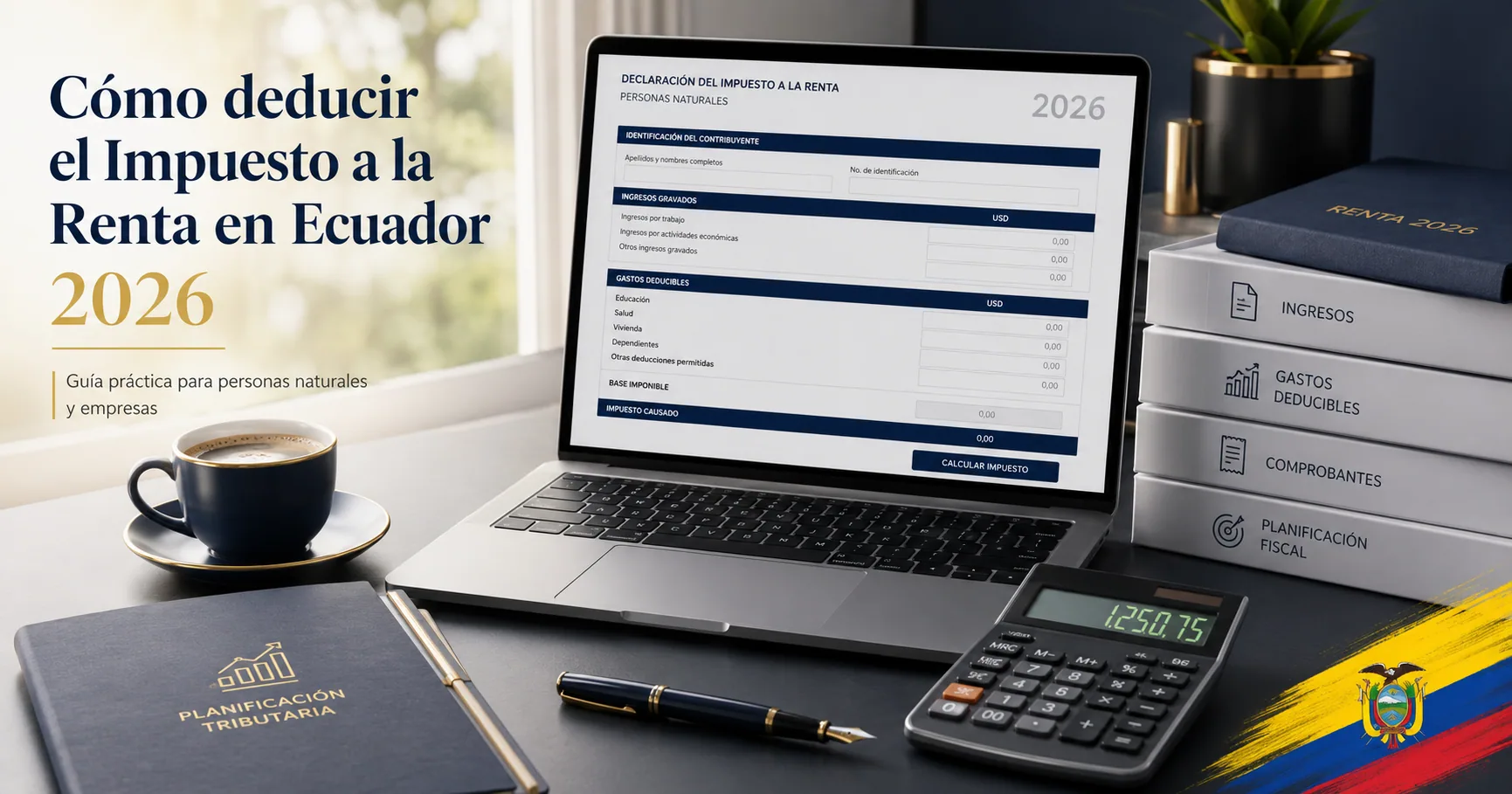 Escritorio ordenado con una calculadora, un formulario del SRI y un computador portátil mostrando una hoja con el cálculo del impuesto a la renta 2026 en Ecuador