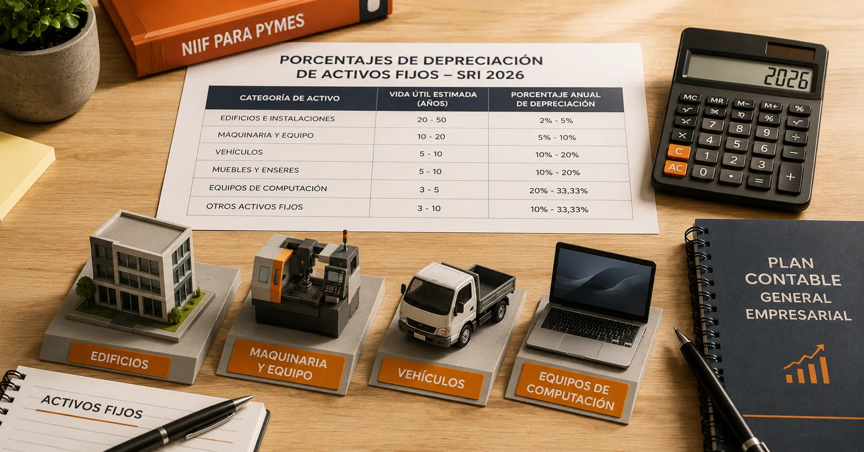 Mesa de oficina con iconos representando un edificio una máquina industrial un vehículo y un computador junto a una tabla impresa con porcentajes de depreciación