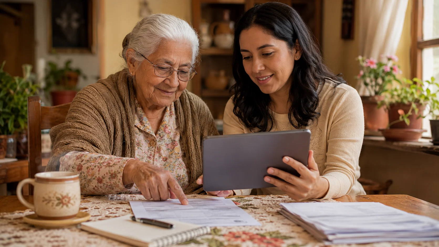 Adulto mayor ecuatoriano sentado junto a un familiar más joven en una mesa de comedor revisando facturas impresas y el portal SRI en una tableta digital, con tazas de café y expresión tranquila