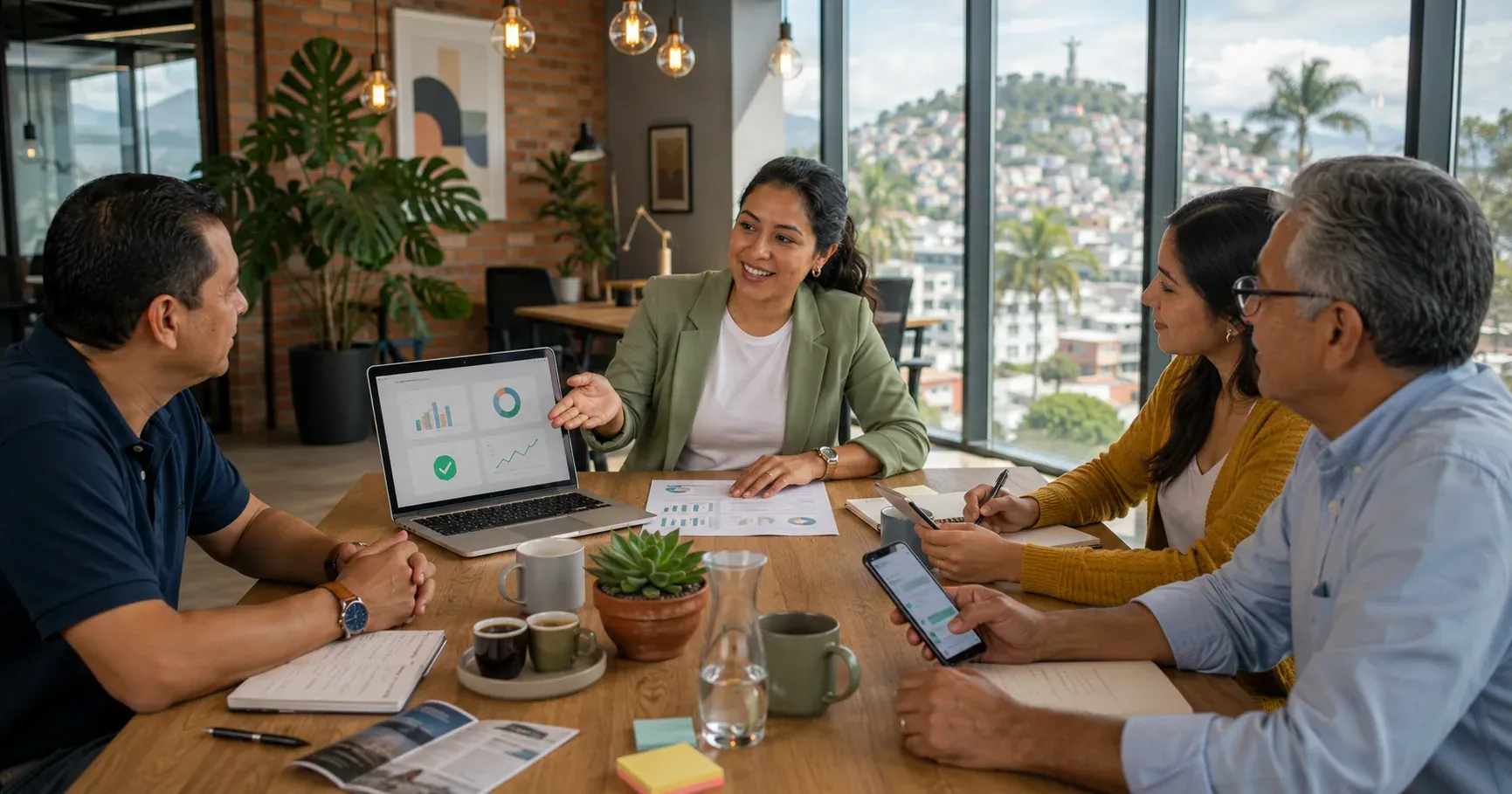 Profesional ecuatoriana mostrando una propuesta comercial desde su laptop a un grupo de pequeños dueños de negocios en una sala luminosa de coworking