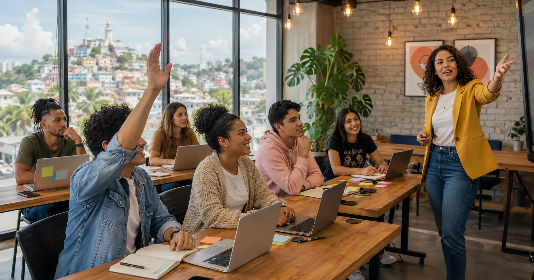 Grupo diverso de jóvenes estudiantes ecuatorianos en un aula moderna de marketing digital con laptops y una instructora explicando frente a una pantalla