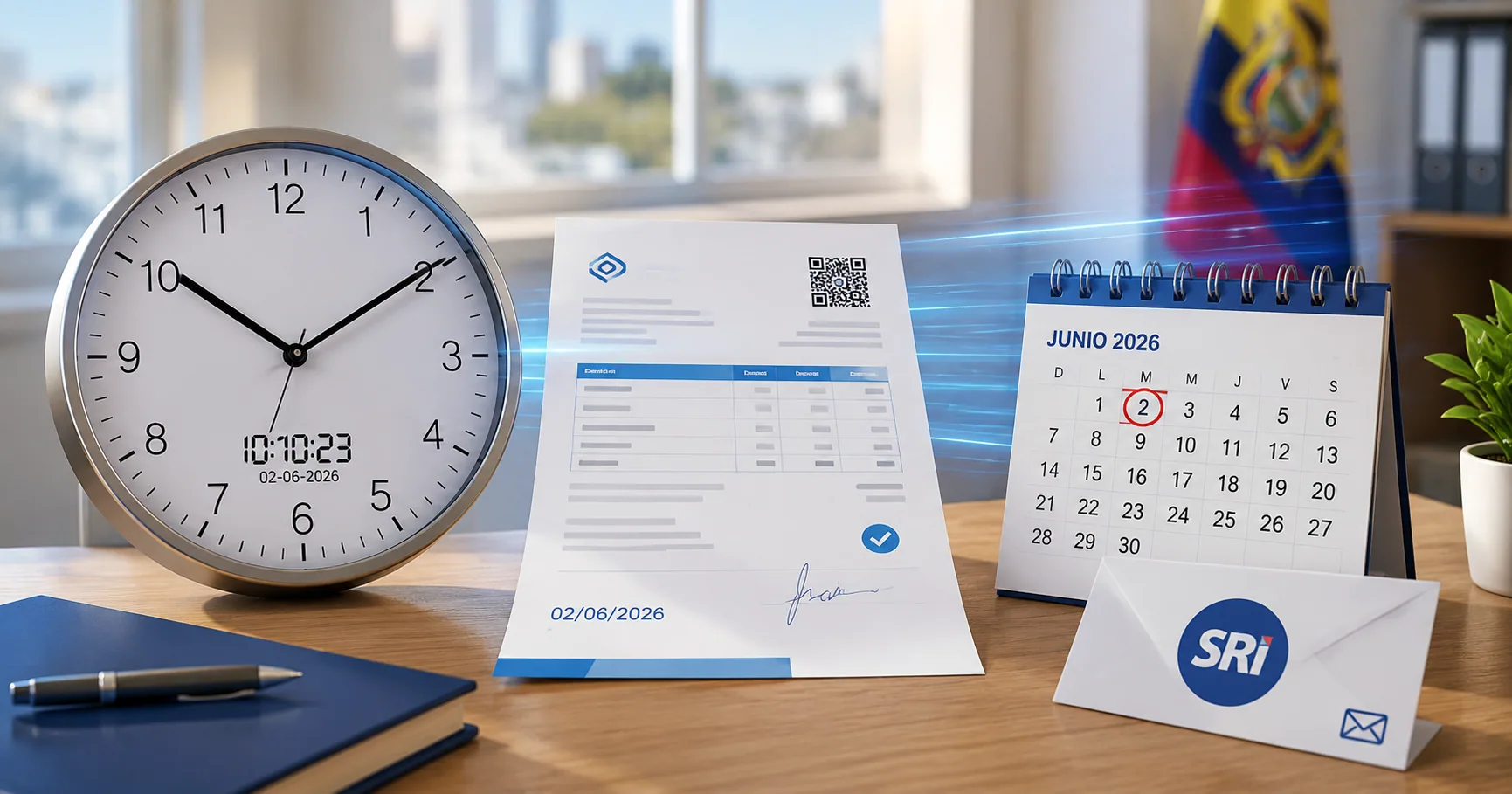Reloj de pared moderno marcando la hora junto a una factura electrónica recién impresa sobre un escritorio con la fecha del día visible