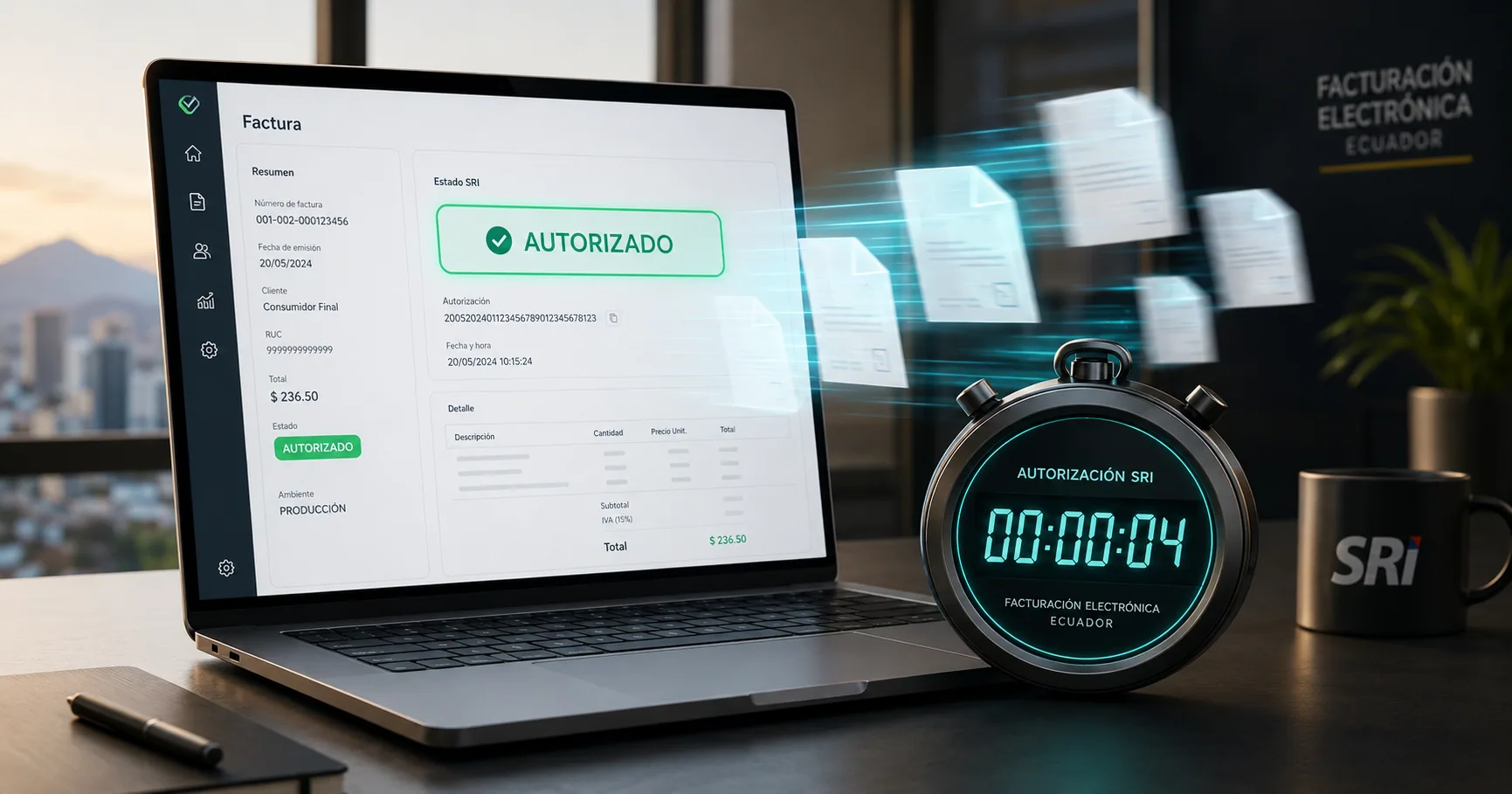 Cronómetro digital sobre un escritorio moderno marcando segundos junto a un laptop que muestra una factura electrónica autorizada en el panel de Factuplan