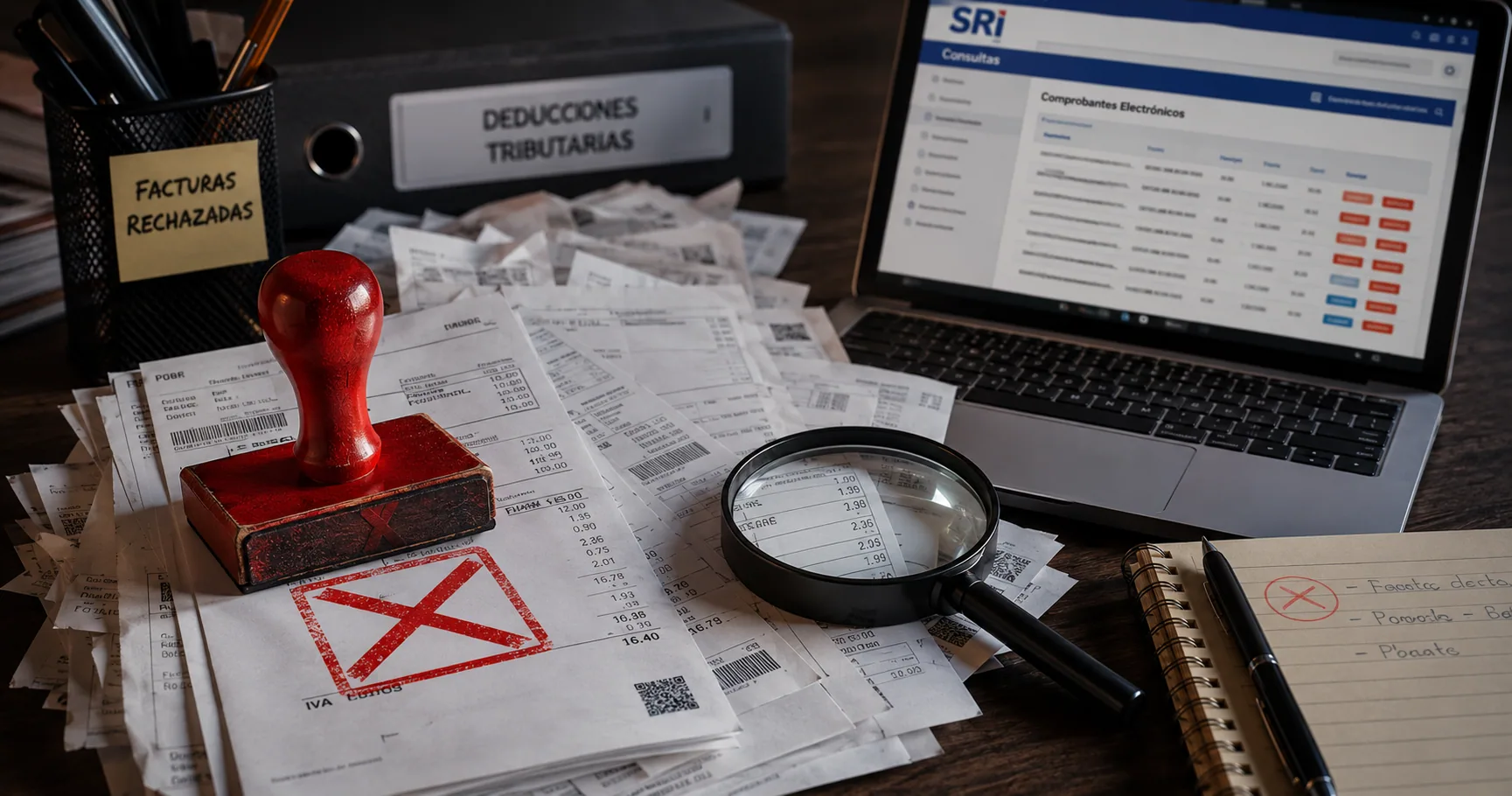 Pila de facturas en papel sobre un escritorio con un sello rojo de RECHAZADO encima junto a un computador que muestra el portal del SRI
