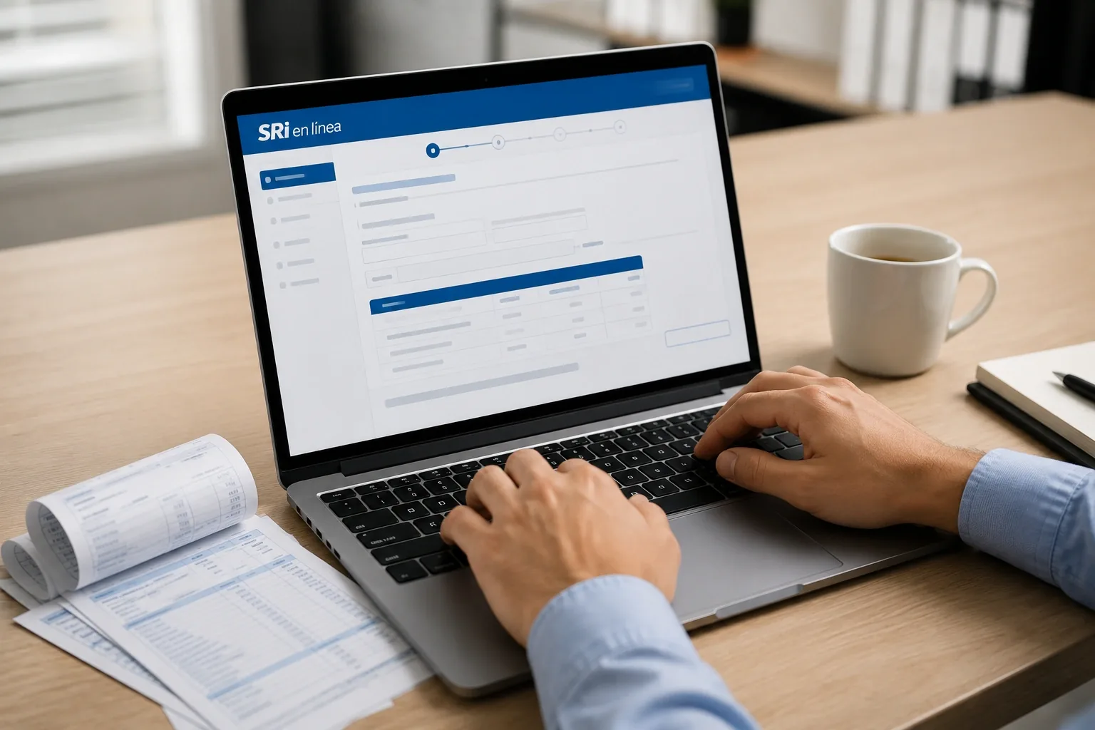 Persona llenando el Formulario 102 en el portal SRI en línea desde un laptop, con roles de pago sobre el escritorio