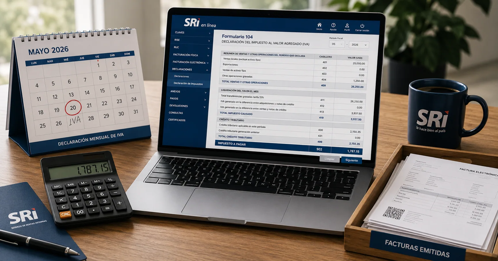 Pantalla de computador con el calendario tributario del SRI 2026 abierto junto a una calculadora y papeles con cálculos de impuestos, marcando las fechas de declaración por noveno dígito del RUC