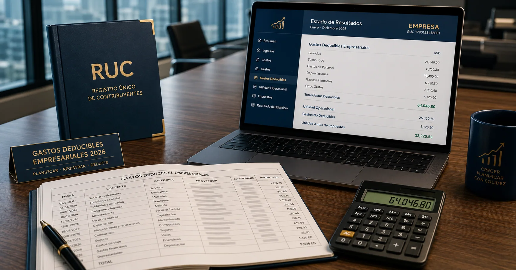 Mesa de directorio con un libro de contabilidad abierto mostrando partidas de gastos empresariales junto a un computador con el portal del SRI y una taza de café
