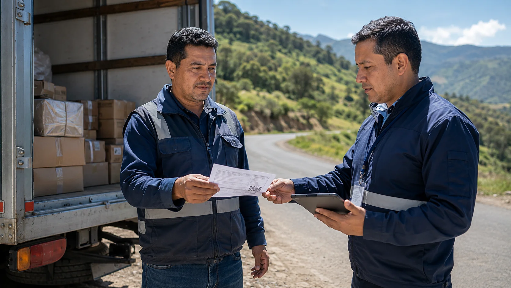 Camionero ecuatoriano entregando una guía de remisión electrónica impresa a un inspector del SRI mientras revisan la carga en la parte trasera del camión, ruta interprovincial al fondo
