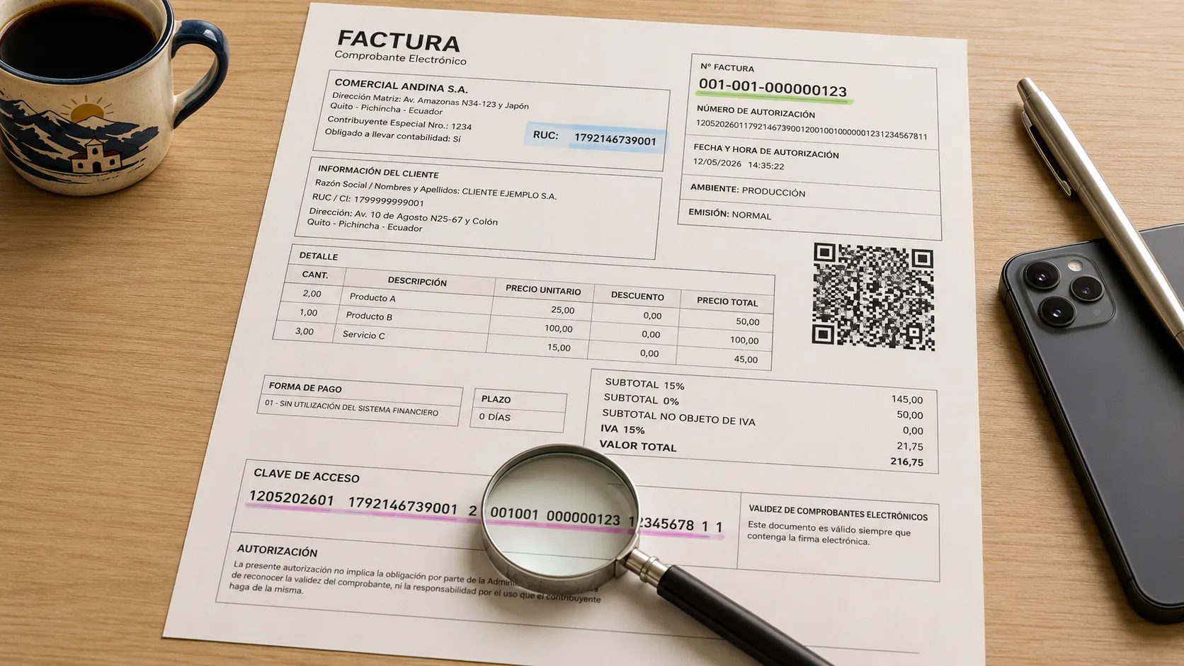 Factura electrónica impresa junto a una lupa magnificando la clave de acceso de 49 dígitos y el código QR, sobre una mesa de madera con un teléfono y un café al costado