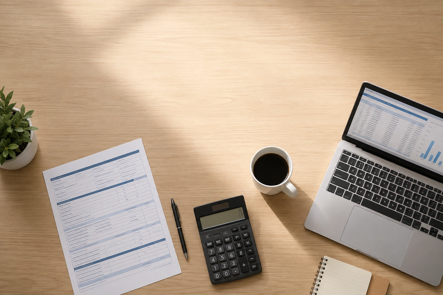 Escritorio con un formulario del SRI, una calculadora y una laptop, comparando cómo tributa cada régimen tributario en Ecuador: RIMPE y Régimen General