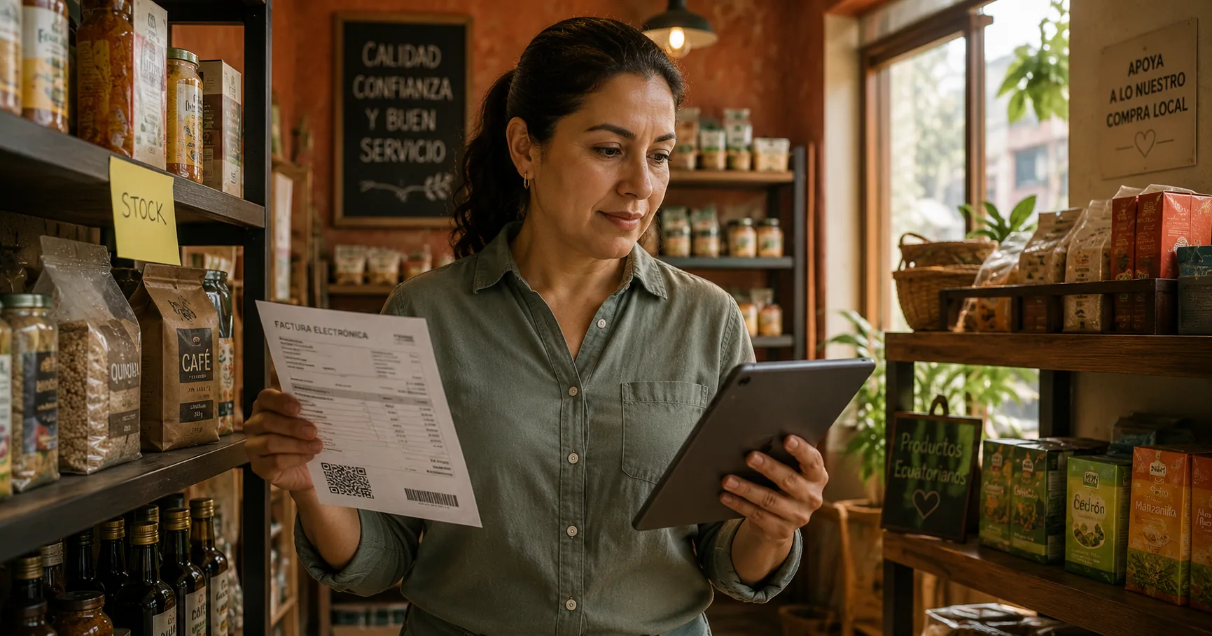 Emprendedora ecuatoriana en una tienda revisando productos en estantería con tableta en mano para registrar inventario mientras sostiene una factura impresa
