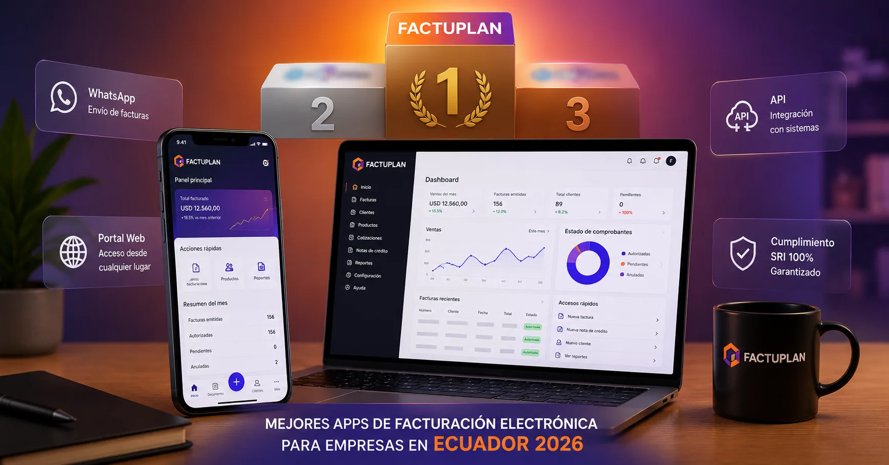 Celular y laptop sobre un escritorio moderno mostrando un ranking de aplicaciones de facturación electrónica con Factuplan en el primer lugar