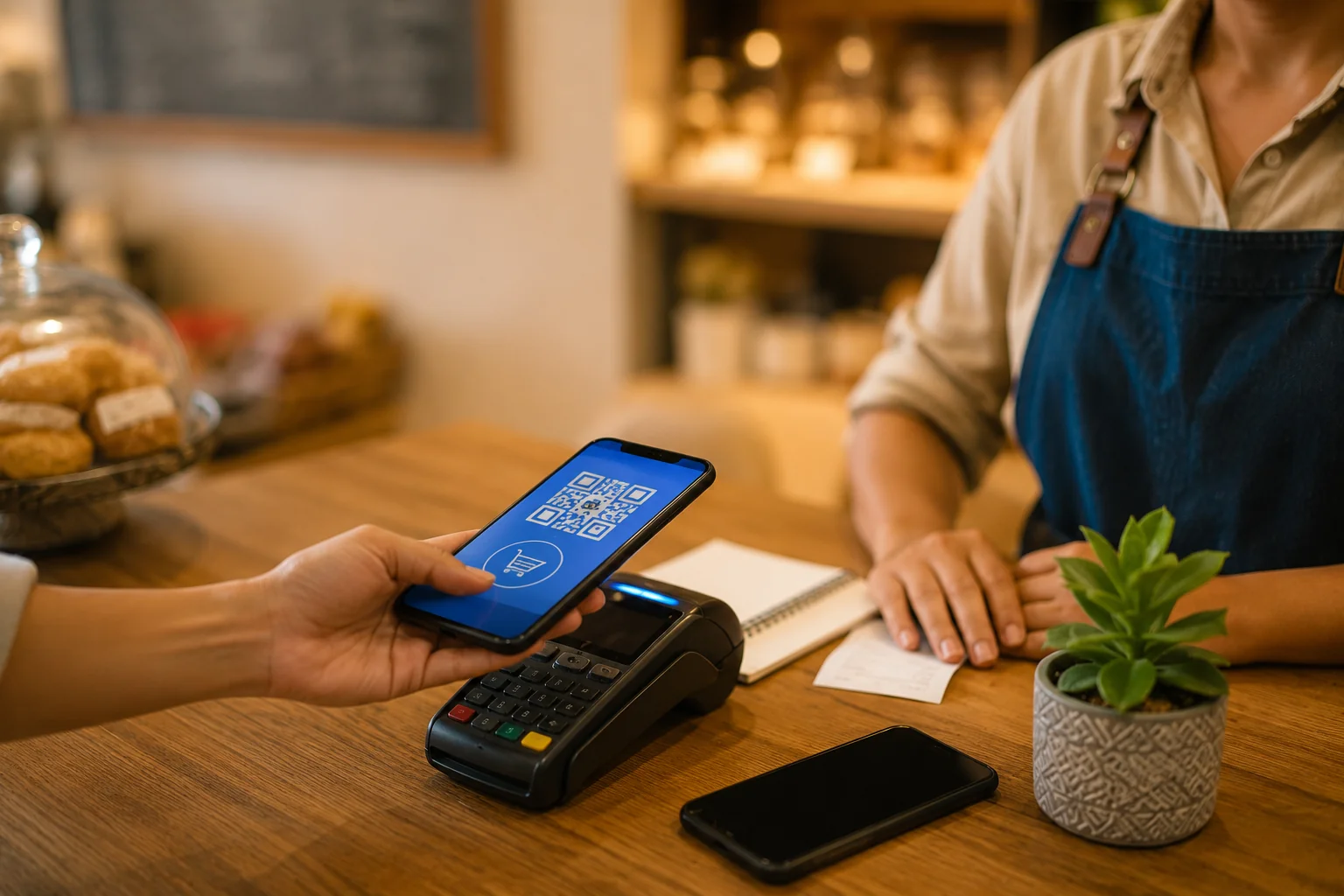 Cliente pagando con su celular en un pequeño negocio sobre un mostrador de madera, con datáfono y comprobante visibles