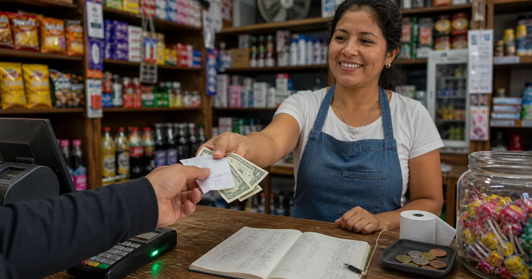 Cajera de tienda en Ecuador entregando una factura impresa y vuelto en dólares al cliente sobre un mostrador de madera