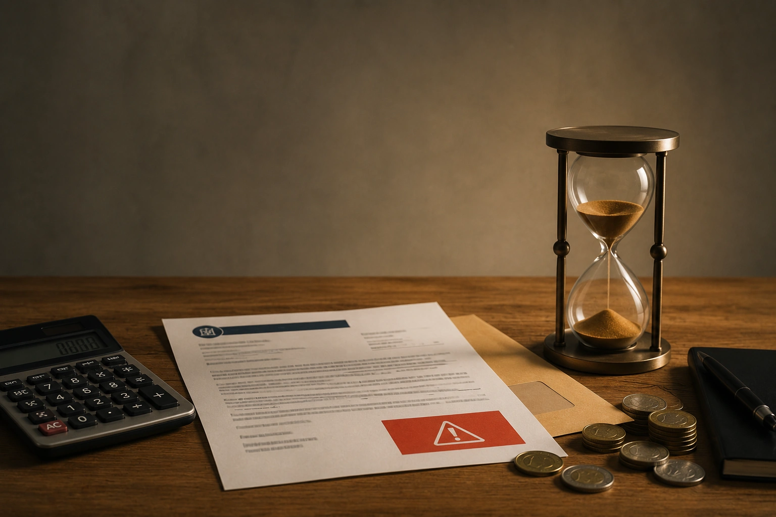 Notificación oficial, un reloj de arena y una calculadora, ilustrando las multas por no declarar el impuesto a la renta a tiempo