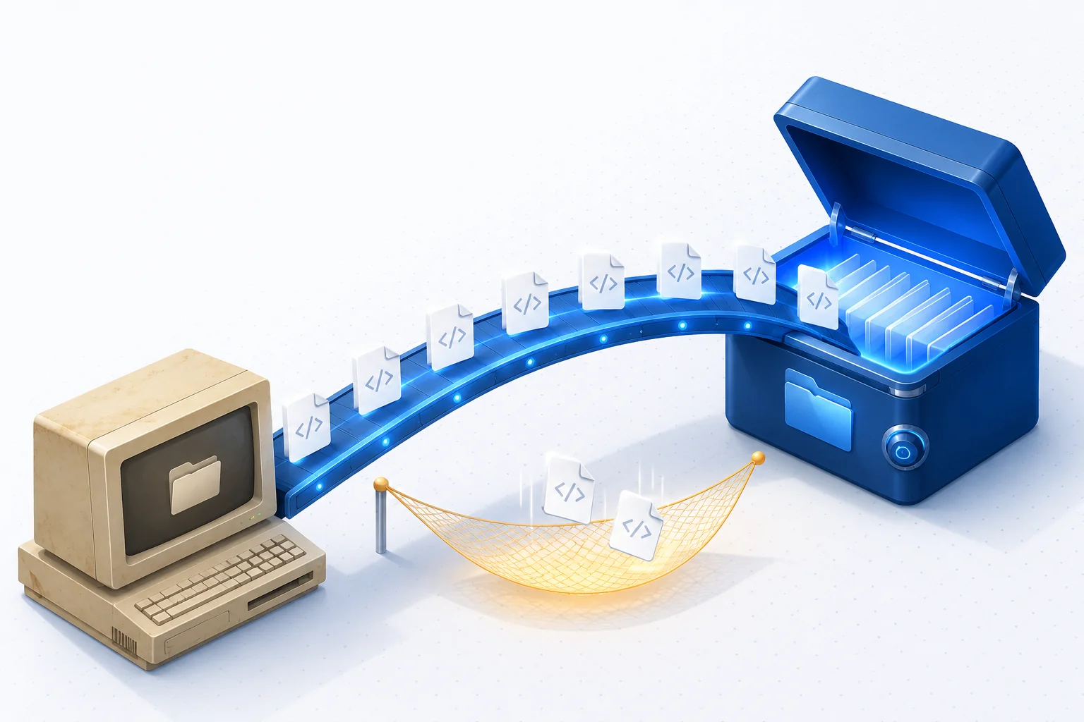 Ilustración isométrica de archivos XML migrando de un sistema antiguo a un nuevo sistema de facturación con una red de seguridad debajo