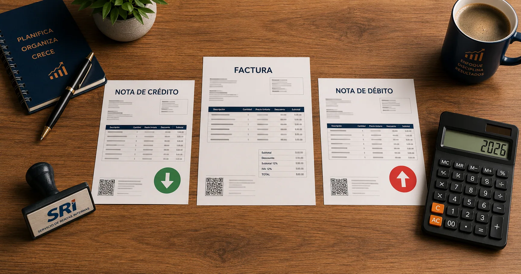 Escritorio con dos comprobantes electrónicos: una factura junto a una nota de crédito con flecha hacia abajo y otra factura junto a una nota de débito con flecha hacia arriba, calculadora y sello del SRI