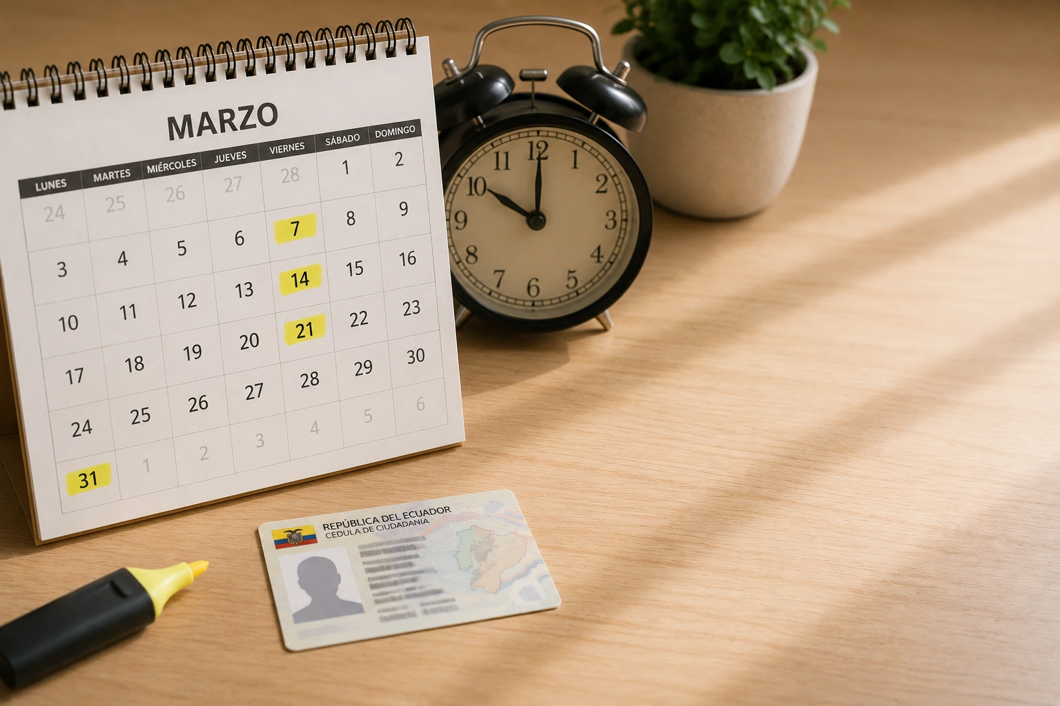 Calendario de marzo con fechas resaltadas y una cédula, representando los plazos del impuesto a la renta según el noveno dígito
