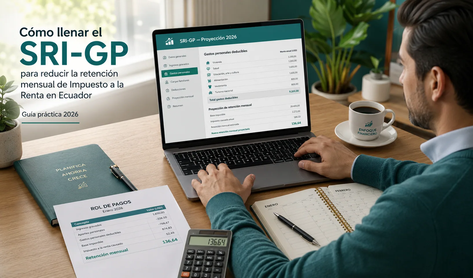 Empleado ecuatoriano llenando el formulario SRI-GP en su laptop con un rol de pagos al lado mostrando una retención mensual reducida