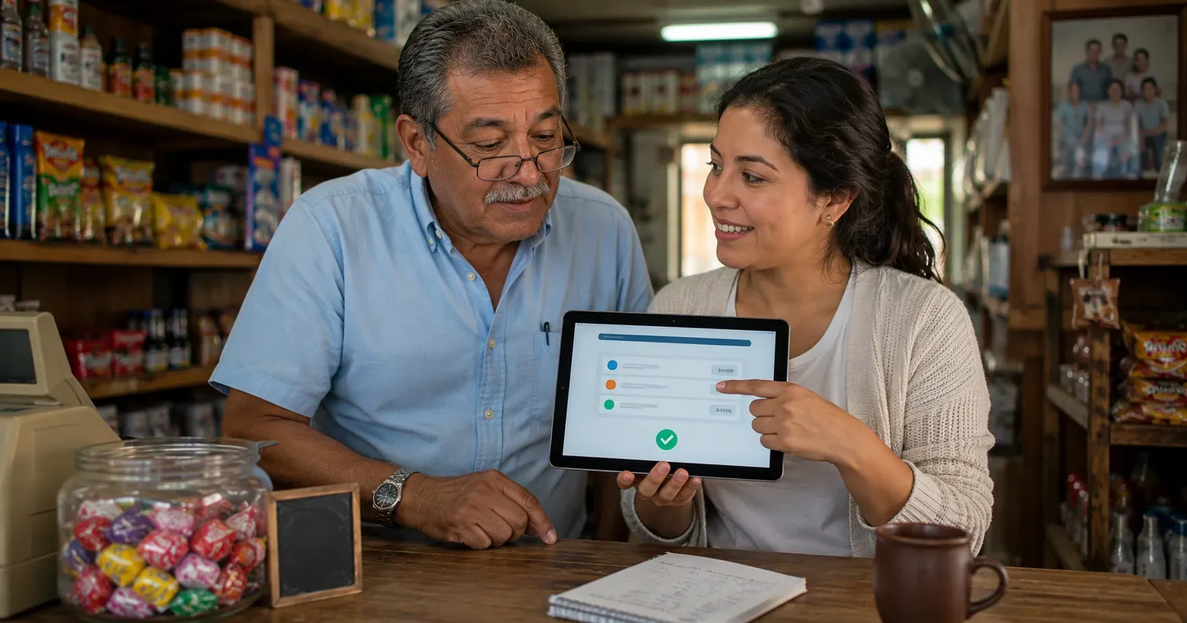 Hija joven explicando a su padre, dueño de tienda, cómo funciona una factura electrónica desde una tablet sobre el mostrador