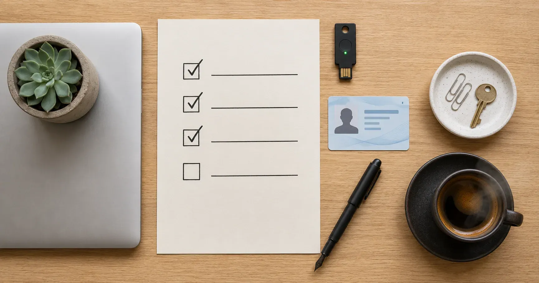 Flat lay desde arriba con checklist marcado, laptop cerrada, token USB, cédula y materiales de oficina sobre un escritorio claro