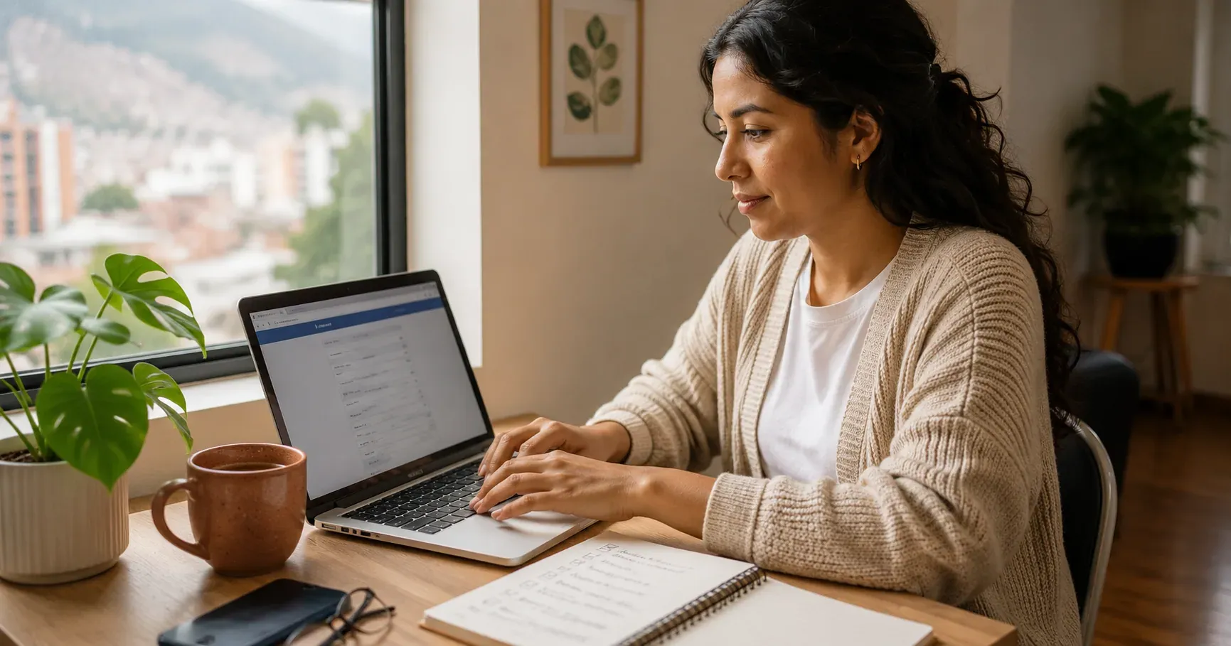 Joven emprendedora ecuatoriana en su escritorio completando un formulario en su laptop con luz natural y plantas alrededor