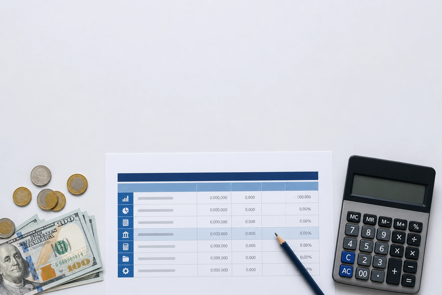Tabla de tramos impresa con una calculadora y un lápiz, representando la recategorización del RIMPE y el cambio de tarifas al pasar de categoría