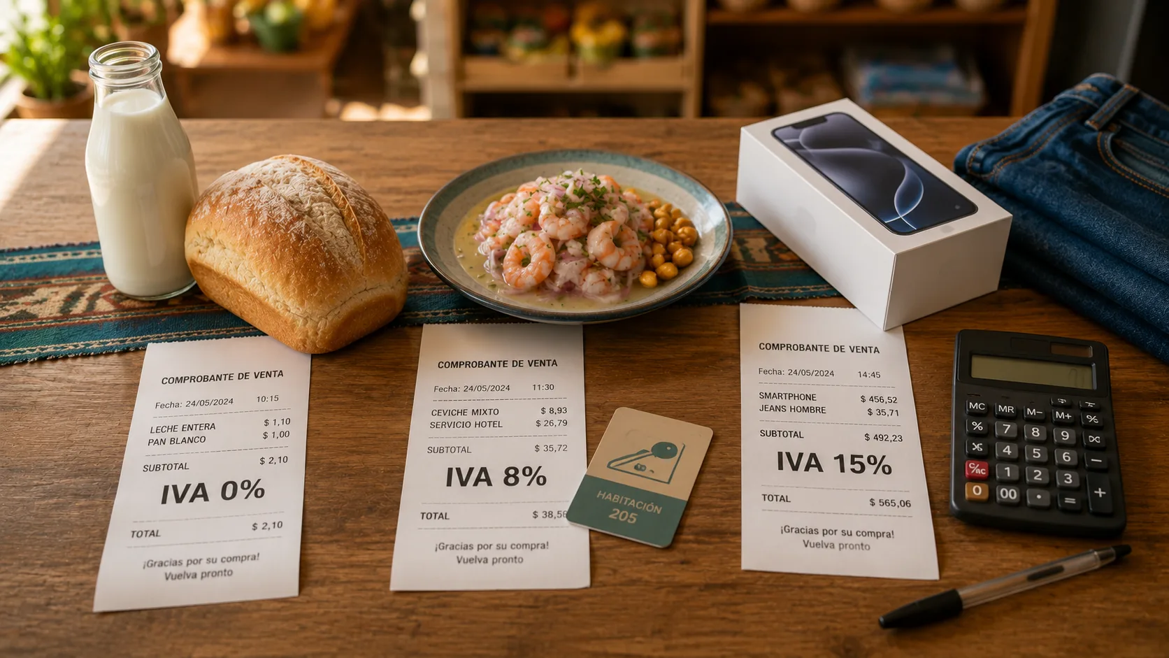 Mostrador de tienda en Ecuador con tres facturas impresas mostrando distintas tarifas de IVA (0%, 8% y 15%) junto a productos representativos: una funda de leche, un plato de comida y una caja de electrónicos