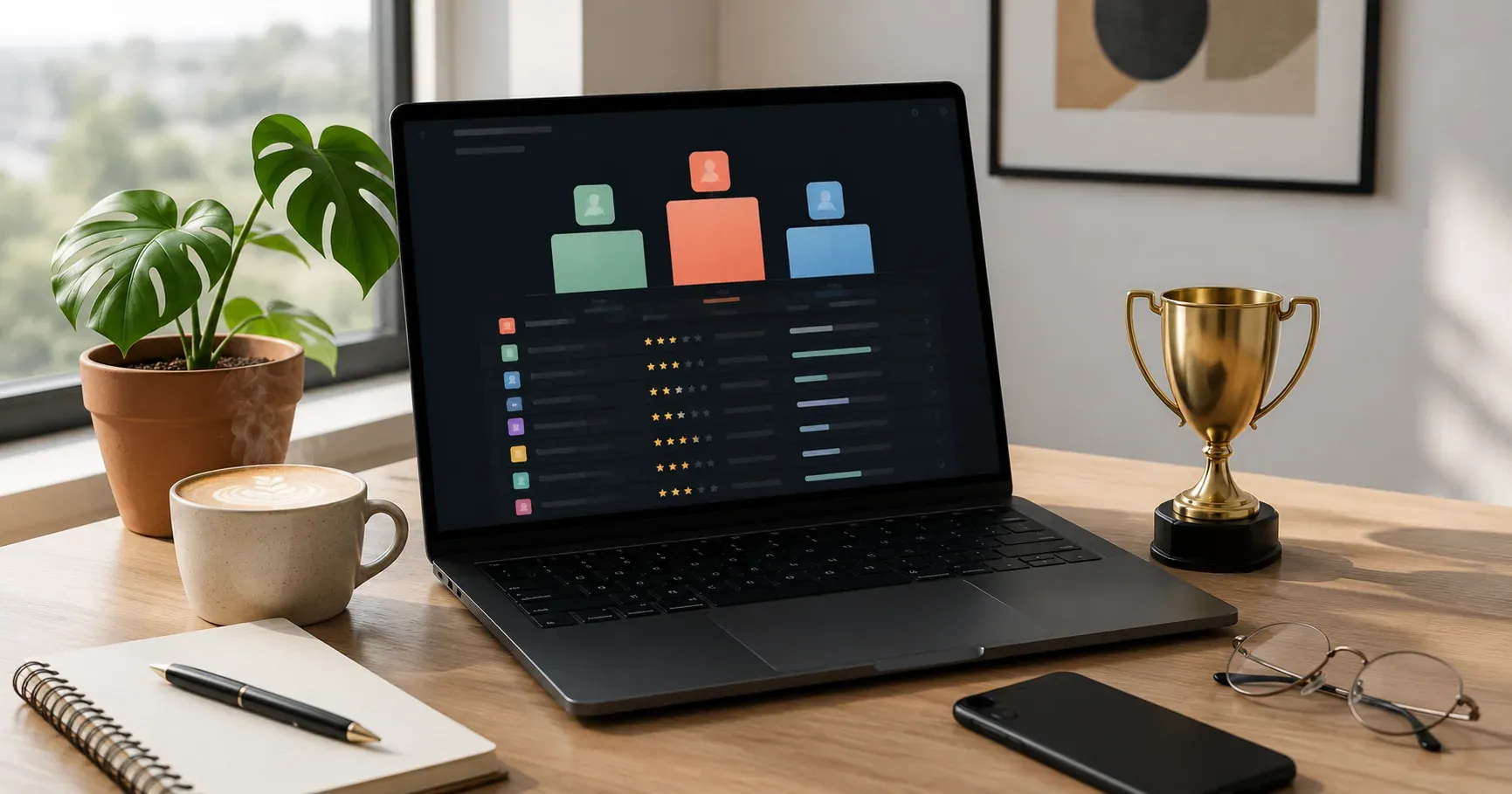 Laptop sobre escritorio moderno mostrando un ranking visual con podios estilizados y elementos de oficina alrededor