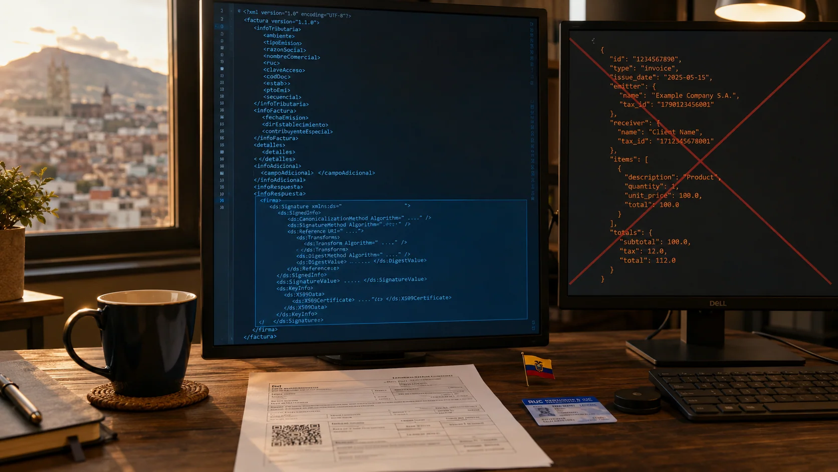 Escritorio de un desarrollador ecuatoriano con dos monitores: la pantalla izquierda muestra un XML de factura del SRI con firma XAdES resaltada en azul, la derecha muestra un JSON tachado con una equis roja indicando que no es aceptado, junto a un comprobante impreso con clave de acceso y QR del SRI