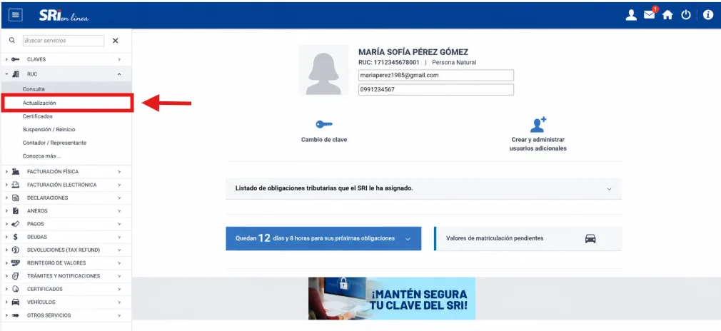 Menú RUC desplegado en SRI en Línea con la opción Actualización resaltada por una flecha roja