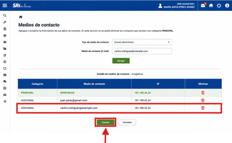 Pantalla Medios de contacto del SRI mostrando el nuevo correo agregado en la lista y el botón Guardar resaltado para confirmar la actualización
