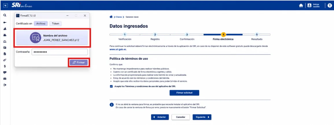 Ventana del aplicativo FirmaEC mostrando el certificado en archivo cargado, el campo de contraseña y el botón Firmar, sobre la pantalla de Firma electrónica del SRI