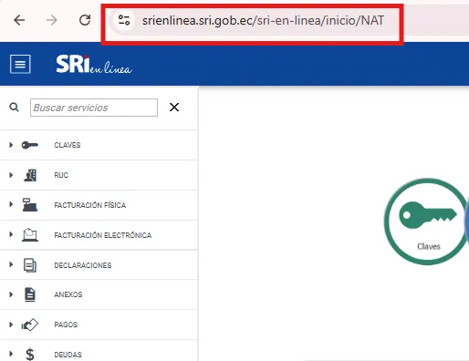 Barra de direcciones del navegador con srienlinea.sri.gob.ec resaltada y el menú lateral del portal SRI en Línea mostrando Claves, RUC, Facturación física, Facturación electrónica, Declaraciones, Anexos, Pagos y Deudas