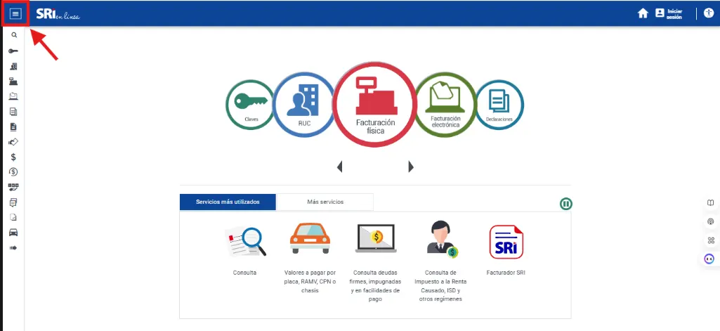 Pantalla de inicio del SRI en Línea con los accesos circulares a Claves, RUC, Facturación física, Facturación electrónica y Declaraciones, y una flecha roja señalando el ícono de menú en la esquina superior izquierda