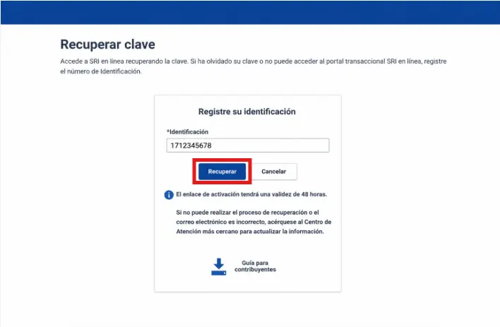 Formulario Recuperar clave del SRI con el campo de identificación llenado y el botón Recuperar resaltado, junto al aviso de que el enlace de activación tiene una validez de 48 horas
