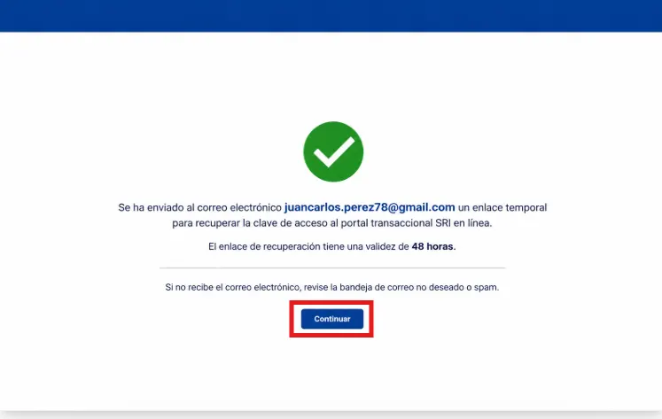 Pantalla del SRI con un check verde confirmando el envío del enlace temporal de recuperación al correo registrado, el aviso de validez de 48 horas y el botón Continuar resaltado