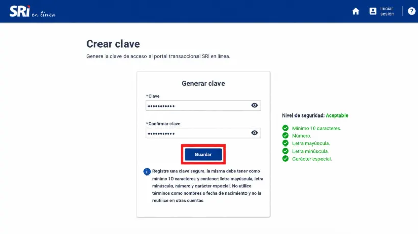 Pantalla Crear clave del SRI con las claves ingresadas, el nivel de seguridad Aceptable con todos los requisitos en verde y el botón Guardar resaltado