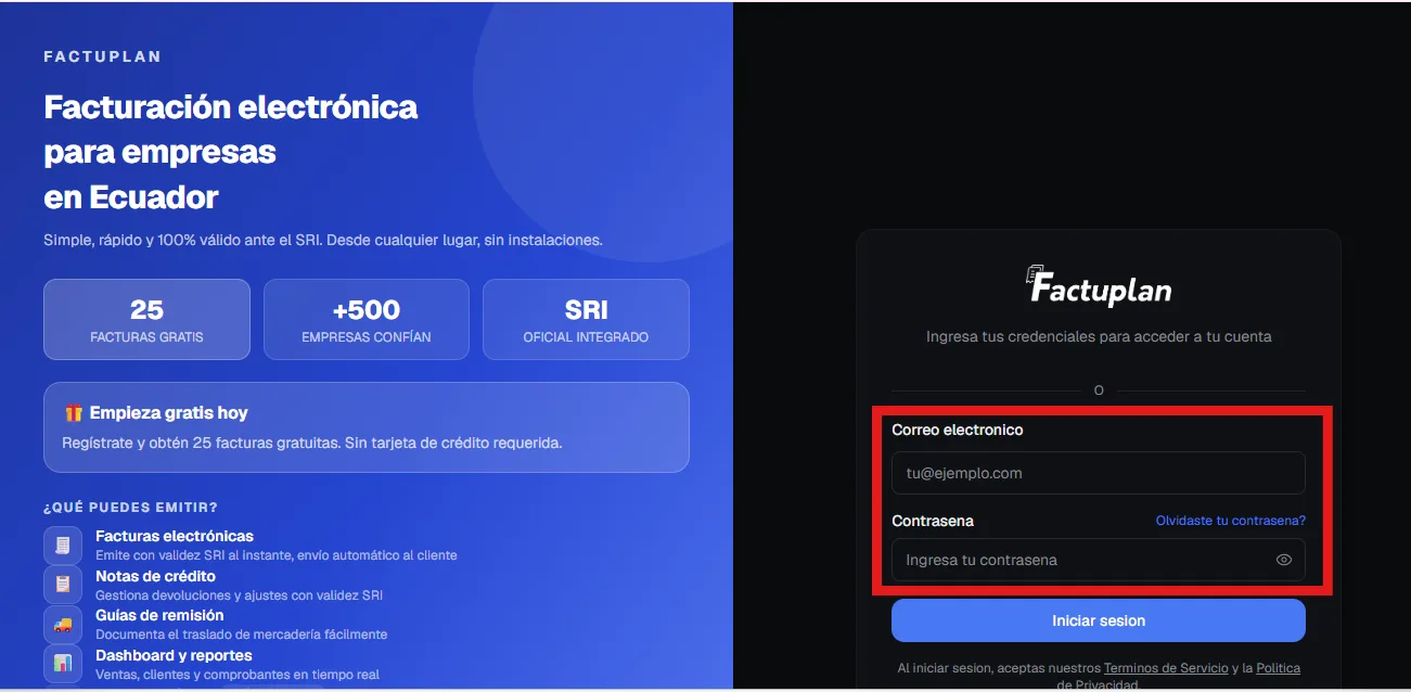 Pantalla de inicio de sesión de Factuplan con los campos de correo electrónico y contraseña resaltados y el botón Iniciar sesión