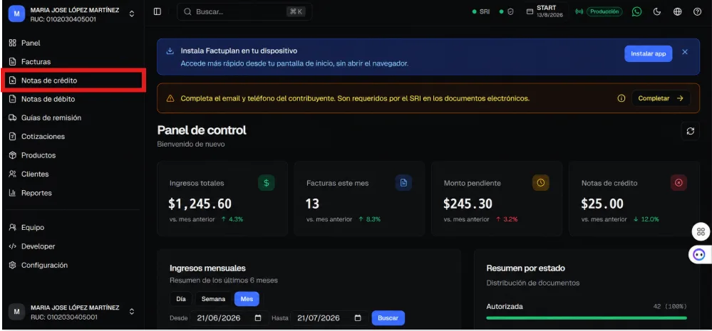 Panel de control de Factuplan con la opción Notas de crédito resaltada en el menú lateral izquierdo