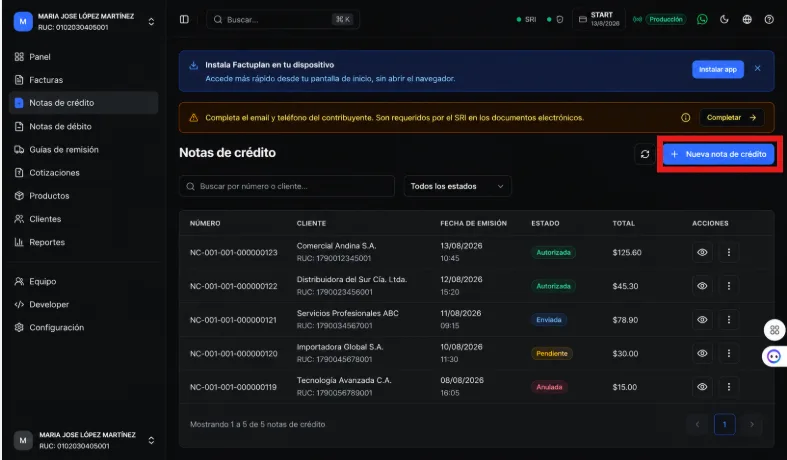 Módulo Notas de crédito de Factuplan con el botón + Nueva nota de crédito resaltado en la parte superior derecha del listado