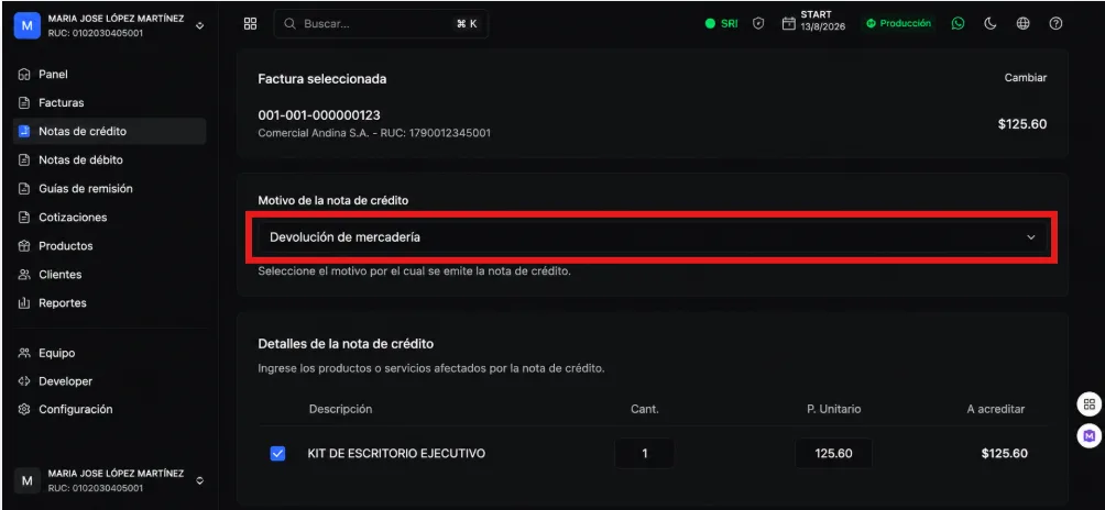 Formulario de nota de crédito en Factuplan con el motivo Devolución de mercadería seleccionado y resaltado