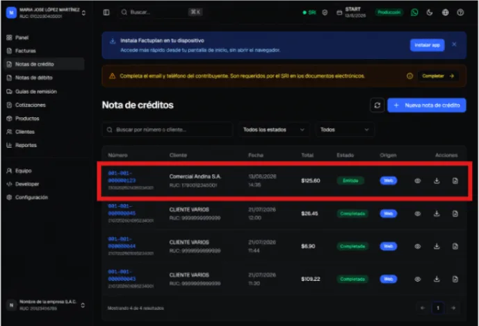 Listado de notas de crédito de Factuplan con la nota recién emitida resaltada y su estado Emitida