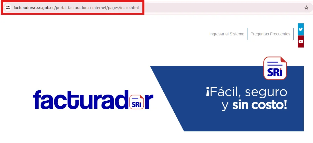 Barra de direcciones del navegador mostrando la URL del portal Facturador SRI con el logo facturador y el lema Fácil, seguro y sin costo