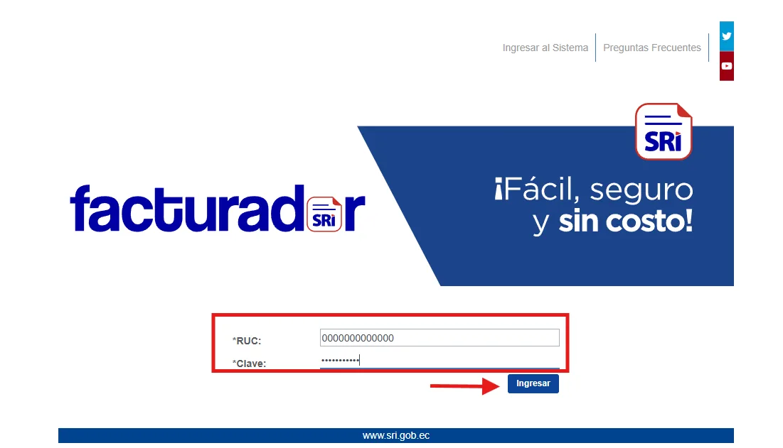 Pantalla de inicio de sesión del Facturador SRI con los campos RUC y Clave resaltados y una flecha señalando el botón Ingresar